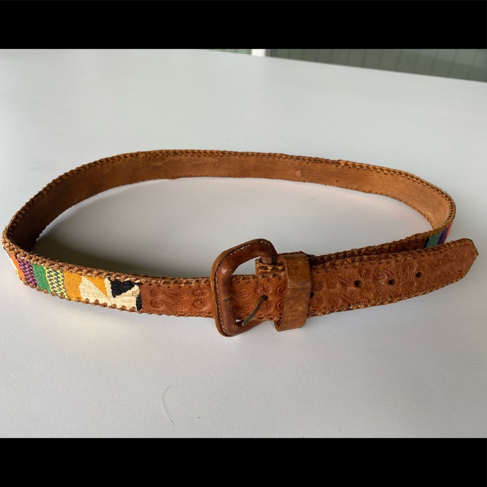 Vintage Brown Leather Belt with Multicolor embroidered Pattern
